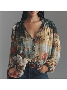 NWT By Anthropologie Estella Button-Front Balloon Sleeve Blouse size XS